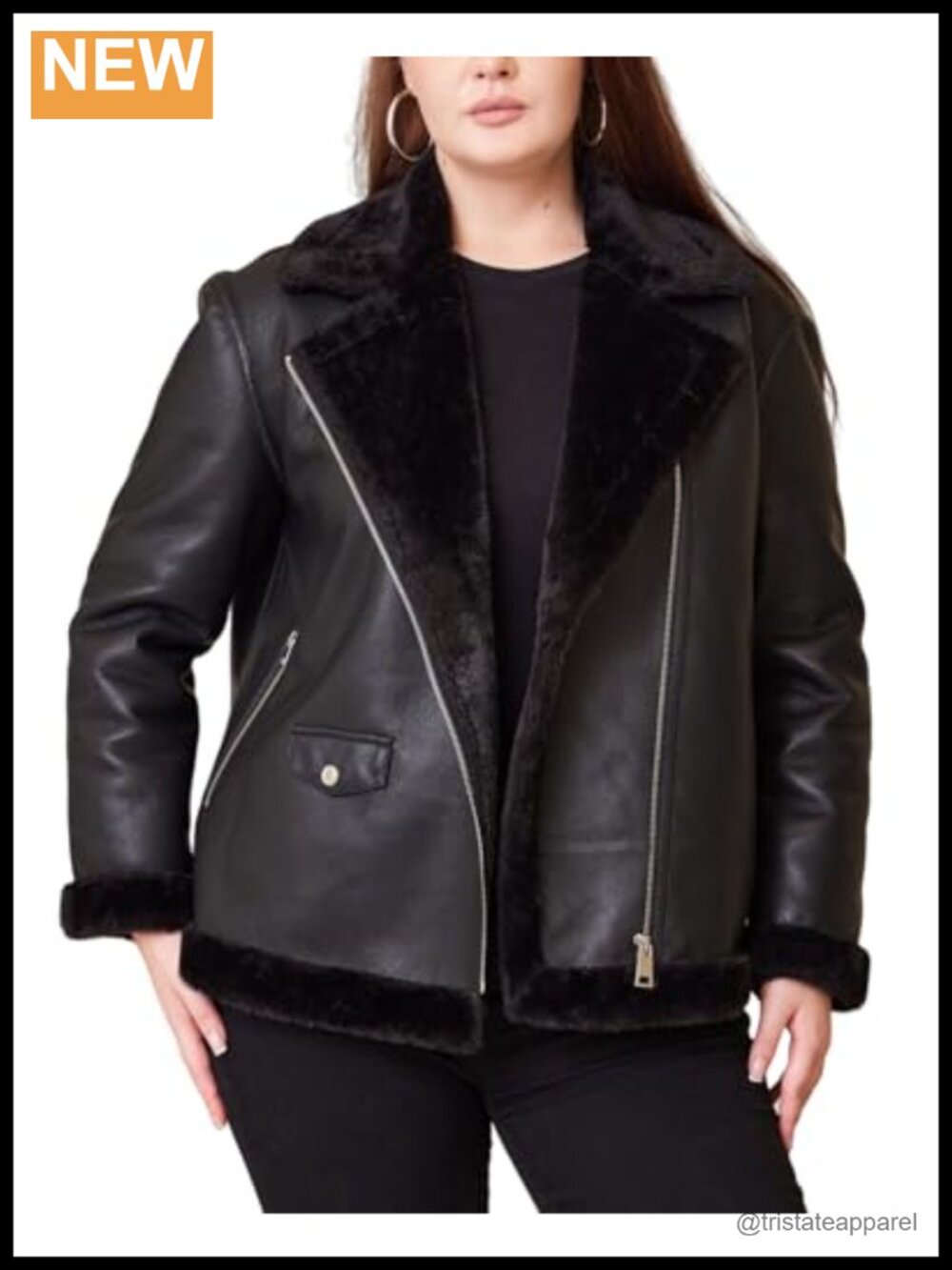 Women Plus Size Faux Leather Fur Trimmed Motorcycle Jacket